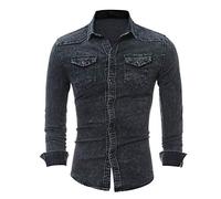 JPDD Men Denim Shirt Stretchy Top V-Neck Slim Fit Casual Shirt Button Down Long Sleeve Dress Shirt Mens Cowboy Shirts Western Shirts Bleach Thick Denim Jean Shirt Regular Collar Pockets Dark Gray
