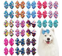 JpGdn 24Pcs/12 Pairs Birthday Dog Hair Bows with Rubber Band Cake Balloons Flags Confetti Cupcakes Gifts Candles Print for Large Breed Dogs Girl Boy Bowknot Topknot Holiday Grooming Hair Accessories