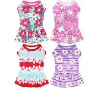 JpGdn 4PCS Dog Dresses Shirts for Large Dogs Girl Female Pink Purple Red Skirts Summer Clothes Pet Apparel Floral Sundress Small Daisy Unicorn Stretchable Lightweight Outfit L