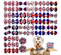 JpGdn 50Pcs Pack Dog Hair Bows for Small Medium Dogs Topknot Union Jack British Dog Hair Bows with Rubber Band Pet Grooming Accessories UK Flag Pattern