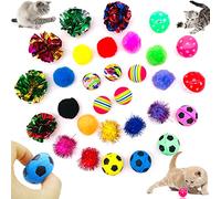 JpGdn Pack of 30pcs Cat Toys Balls Set Interactive Pompoms Kitten Toy Golden Thread Ball Rainbow Bell Paper Balls Quiet Indoor Outdoor Footballs Play Activity Chase Training
