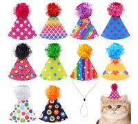 JpGdn10PCS/Pack Mini Birthday Party Cone Hats Felt with Pom Poms for Stuffed Animals Puppies Doggies Dolls Cats Kitten Adjustable Headwear Rainbows Purple Green Black Pets Celebration Decorations