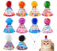 JpGdn10PCS/Pack Mini Felt Happy Birthday Party Cone Hats with Pom Poms for Stuffed Animals Extral Small Dogs Puppies Doggies Dolls Cats Adjustable Headwear Red Pink Blue Black Birthday Decorations