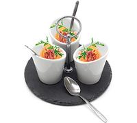 JPH Tapas Dishes Platter Appetizer Dips Serving Set Ceramic Nibble Cups Slate Disk Stainless Steel Spoons