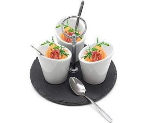 JPH Tapas Dishes Platter Appetizer Dips Serving Set Ceramic Nibble Cups Slate Disk Stainless Steel Spoons