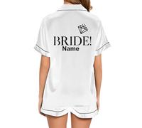 JPHCHSC Personalized Bride Pj Set Sleepwear Button-down Nightwear Engagement Wedding Party Silk Satin Pyjamas Set Bridal Bacherlette Hen Party Pyjamas 43 White