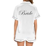 JPHCHSC Women Bride Pj Set Bachelorette Party Pyjama Hen Party Bridesmaid Pj Set Sleepwear Button-down Nightwear Mother Sister of the Bride Loungewear Short Sleeve Nightwear White