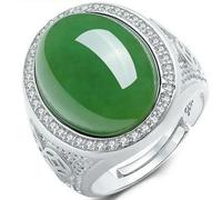 Jpltlvy Open Oval Cabochon Ring Simulated Nephrite Jade Coin Pattern Spinach Green Stone with Crystal Setting Vintage Style Gift