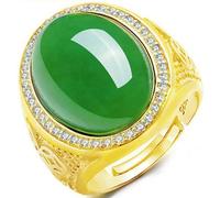 Jpltlvy Open Oval Cabochon Ring Simulated Nephrite Jade Coin Pattern Spinach Green Stone with Crystal Setting Vintage Style Gift