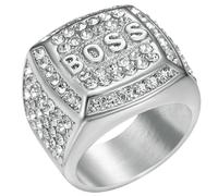 Jpltlvy Titanium Steel Gold Plated BOSS Letter Men’s Ring with CZ Stones Hip Hop Closed Band Rap Jewelry Gift