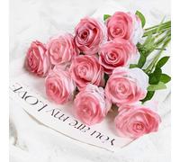 JPORSHU 10 PCS Artificial Roses, 20'' Single Long Stem Fake Crushed Ice Blue Roses,Silk Bridal Wedding Bouquet,for Home Garden Party Hotel Office Decor (pink)