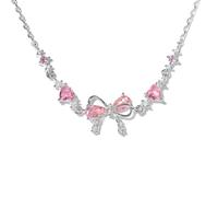 JPSSJGYH Bow Zircon Bracelet - Friendship is Like a Bow, Pink Zircon Friendship Bracelets, Dainty Cute Bow Bracelet for Women (Silver)
