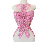 Jpumley.pksn Handmade Crystal on lace Applique Sewing Rhinestones Fringe Beads Sequins Patches Trim Luxury Decoration Accessories for Wedding Dress 15X23.6inches (Pink)