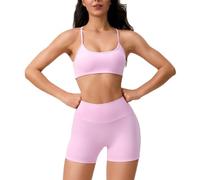 JPXJGT Women Yoga Clothes High Waist Wicking Compression Shorts Set Tight Pocket Stretch Hip Lift Buttons Bra(Size:M,Color:Pink)