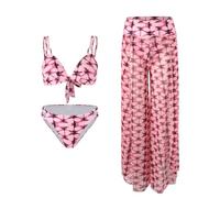 JPXJGT Women's Three-Piece Pattern Bikini Swimsuit with Matching Wrap Skirt Swim Top Tummy Control Bikin Bottom(Size:S,Color:Pink)