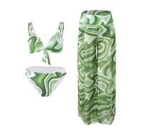 JPXJGT Women's Three-Piece Pattern Bikini Swimsuit with Matching Wrap Skirt Swim Top Tummy Control Bikin Bottom(Size:S,Color:Green)