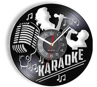 JPXXFM Karaoke Wall Clock Made Of Real Vinyl Record Singing Boy & Girl Mircophone Musical Note Icon Wall Watch Carved Artwork Music