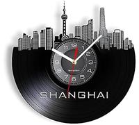 JPXXFM Shanghai Skyline Vinyl LP Wall Clock Chinese Cosmopolis CItyscape Of China Pearl Of The Orient Modern Wall Watch Artwork Dcor Music