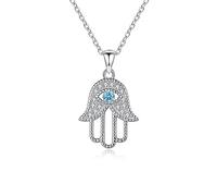 JPXXFM Solid White Over 925 Hand Pendant Necklace,Round and Sapphire Hand of Fatima Protection Necklace,Lucky Jewelry Gift for Women