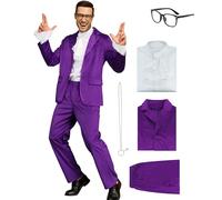 JQAKFIY Austin Power Costume Men 80s 90s Costumes Halloween Spy 60s Outfit Blue Or Purple Swinger Suit With Glasses