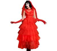 JQAKFIY Lydia Costume Women Red Wedding Dress Deetz Bride 80s Halloween Cosplay Gothic Outfit with Veil Gloves, Red Long, XX-Large