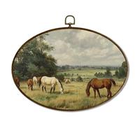 JQF Vintage Farmhouse Horse Oval Wall Decor, Antique Equestrian Oval Canvas Wall Art, Rustic Cottagecore Horse Animal Landscape Framed Prints Hanging Decor for Home Bedroom Living Room, 11.5x8.5 Inch