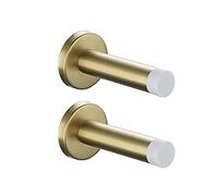 JQK Door Stopper Gold, 304 Stainless Steel Thicken 1mm Sound Dampening Door Stop Bumper Wall Protetor 2 Pack, Brushed Gold Black Tip, DSB5-WG-P2
