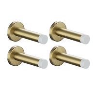 JQK Door Stopper Gold, 304 Stainless Steel Thicken 1mm Sound Dampening Door Stop Bumper Wall Protetor 4 Pack, Brushed Gold Black Tip, DSB5-WG-P4