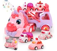 JQLM 5 IN 1 Unicorn Toy Girl Cars, Carrier Truck Toys for Girls Toddlers with Sound&Light, Birthday Christmas Toys Gifts for 2 3 4+ Year Old Baby