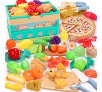 JQLM 74PCS Kids Pretend Play Cutting Food Toys with Basket, Play Kitchen Accessories with Vegetable, Fruit, Fake Food Toy, Role Play Toys for Boys Girls, Educational Gift Toys for Toddlers Age 3,4,5,6