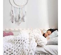 Jqqdd Chunky knit blanket, merino wool, giant throw for plaid home decor, white, 120 x 150 cm