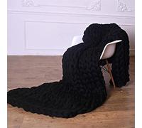 Jqqdd Chunky knit merino wool blanket, giant throw for home decoration, black check pattern, 100 x 150 cm