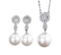 JQQJZLC 12-14mm White Black Big Pearl Diamond Pendant Necklace Drop Earrings for Women Anniversary Wedding Jewelry Sets