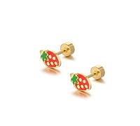 JQQJZLC 18g Tiny Strawberry Stud Earrings Flat Back for Women Teen Girls 14k Gold Plated Surgical Stainless Steel Hypoallergenic Cute Small Enamel Fruits Cartilage Tragus Screw Back Piercing Sensitive