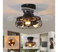 JQQJZLC 20in cage Ceiling Fans with Lights and Remote Control, Retro Industrial Ceiling Fan Chandelier with Retractable Blades, Reversible 6 Speed Silent Bohemian Fan Light for Farmhouse Bedroom-Iron