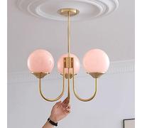 JQQJZLC 3-Lights Mid Century Modern Globe Hanging Chandelier White Milk Glass Ceiling Pendant Light Gold Round Pink Chandelier for Dining Room Living Room Girls Bedroom Foyer Kitchen