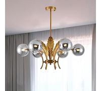 JQQJZLC 6 Light Bubble Pink Glass Marshmallow Chandelier Gold Milk Glass Globe Chandelier for Dining Room Leaf Vintage Gray Ball Ceiling Pendant Light for Living Room Bedroom Kitchen