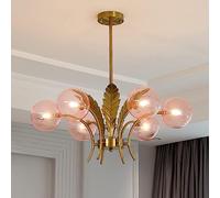 JQQJZLC 6 Light Bubble Pink Glass Marshmallow Chandelier Gold Milk Glass Globe Chandelier for Dining Room Leaf Vintage Gray Ball Ceiling Pendant Light for Living Room Bedroom Kitchen