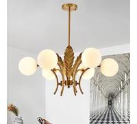 JQQJZLC 6 Light Bubble Pink Glass Marshmallow Chandelier Gold Milk Glass Globe Chandelier for Dining Room Leaf Vintage Gray Ball Ceiling Pendant Light for Living Room Bedroom Kitchen