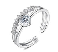 JQQJZLC Accessories Shiny Zircon Heart Sweet Cute Silver Color Resizable Opening Ring For Women Luxury Jewelry