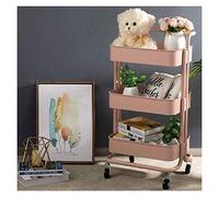 JQQJZLC Carts,Trolley Bedroom Shelf 3-Tier Rolling Cart with Metal Mesh Basket Multi-Purpose Organizer Cart Mass Storage Utility Cart for Office, Kitchen, Bathroom,Pink,85 * 45 * 35Cm