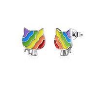 JQQJZLC Cute Rainbow Cat Stud Earrings for Women 925 Sterling Silver Small Animal Pet Studs Tragus Post Hypoallergenic LGBT Pride BFF Jewelry Gifts