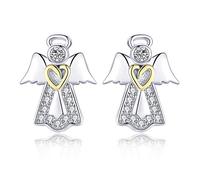 JQQJZLC CZ Angel Stud Earrings for Women 925 Sterling Silver Cubic Zirconia Small Cute Crystal Gold Heart Studs Tragus Post Hypoallergenic Lovely Jewelry Gift for Daughter Niece