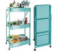 JQQJZLC Exquisite Bathroom Shelves Carts,Trolley Foldable Office Storage Cart with Wheels Folding Shelf with Metal Mesh Basket Mass Storage 3-Tier Slide Out Storage Cart for Bathroom, Kitchen,White
