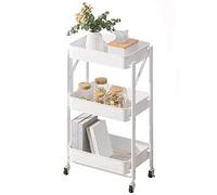 JQQJZLC Exquisite Bathroom Shelves Carts,Trolley Foldable Office Storage Cart with Wheels Folding Shelf with Metal Mesh Basket Mass Storage 3-Tier Slide Out Storage Cart for Bathroom, Kitchen,White