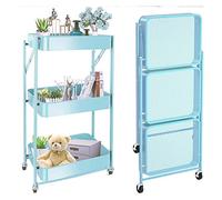 JQQJZLC Exquisite Bathroom Shelves Carts,Trolley Foldable Office Storage Cart with Wheels Folding Shelf with Metal Mesh Basket Mass Storage 3-Tier Slide Out Storage Cart for Bathroom, Kitchen,White