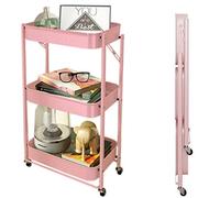 JQQJZLC Exquisite Bathroom Shelves Carts,Trolley Folding Office Storage Shelf Folding with Wheels 3-Tier Slide Out Storage Cart with Two Lockable Wheels for Bathroom, Kitchen, Bedroom,White