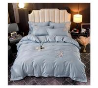 JQQJZLC Four piece bedding set Flowers embroidery bedlinen blue Bedding King Queen Size Linen egyptian cotton Duvet Cover Sheet Pillowcases Bed four pieces set,