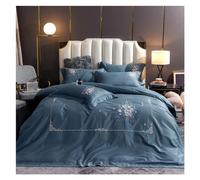 JQQJZLC Four piece bedding set Flowers embroidery bedlinen blue Bedding King Queen Size Linen egyptian cotton Duvet Cover Sheet Pillowcases Bed four pieces set,