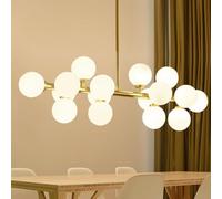 JQQJZLC Glass Globe Chandelier Linear Lights Brass Gold Mid Century Lamp Kitchen Island Pendant Lamps Ceiling Hanging Light Fixture for Over Table Living Room(Gold,3000K)